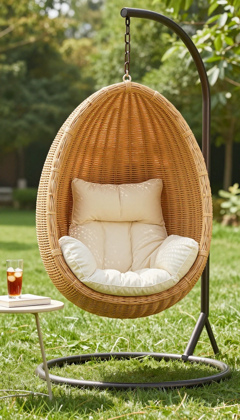 Hanging egg chair with cushion and throw on a sunny backyard patio beside a small side table