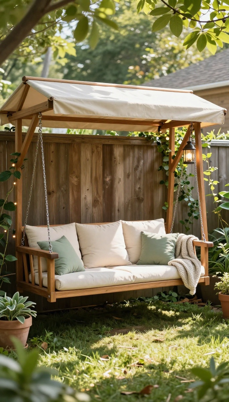 Cozy wooden swing bench with a canopy roof in a small backyard corner, styled with cushions, a throw blanket, and string lights along a fence.