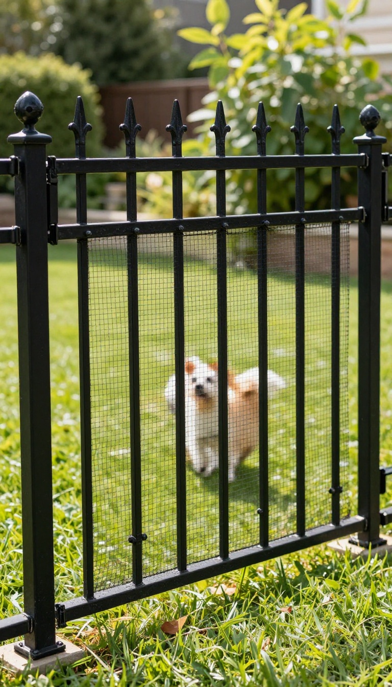 Black wrought iron backyard fence with pet mesh installed behind the bars, keeping a small dog safely contained on a sunny lawn