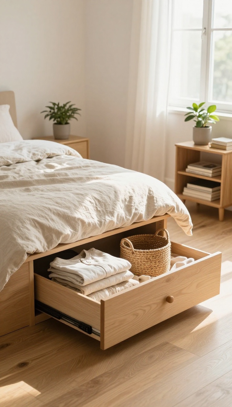 Cozy small bedroom with a platform bed featuring built-in under-bed storage drawers and bright natural light