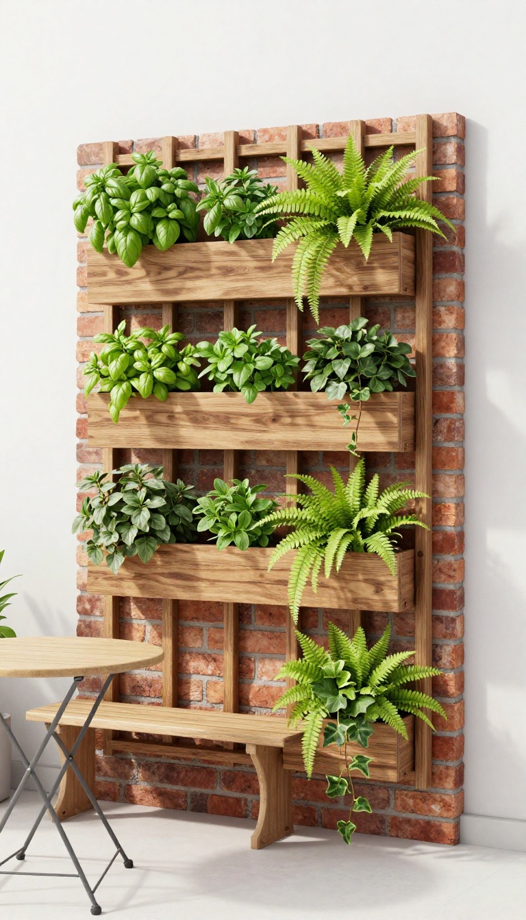 Vertical garden wall with herbs and trailing vines on a brick townhome patio