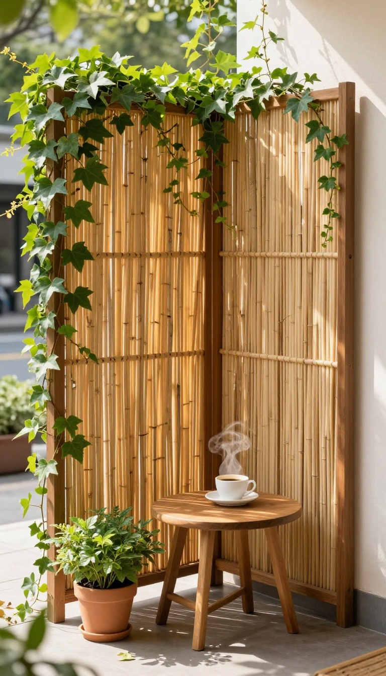 Cozy patio with bamboo privacy screen and climbing ivy, creating a secluded outdoor retreat