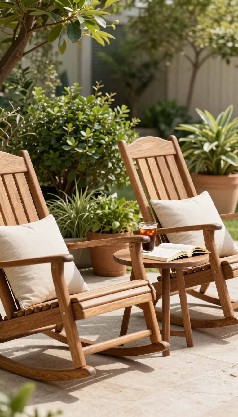 Two wooden rocking chairs side by side on a bright backyard patio with a small side table between them