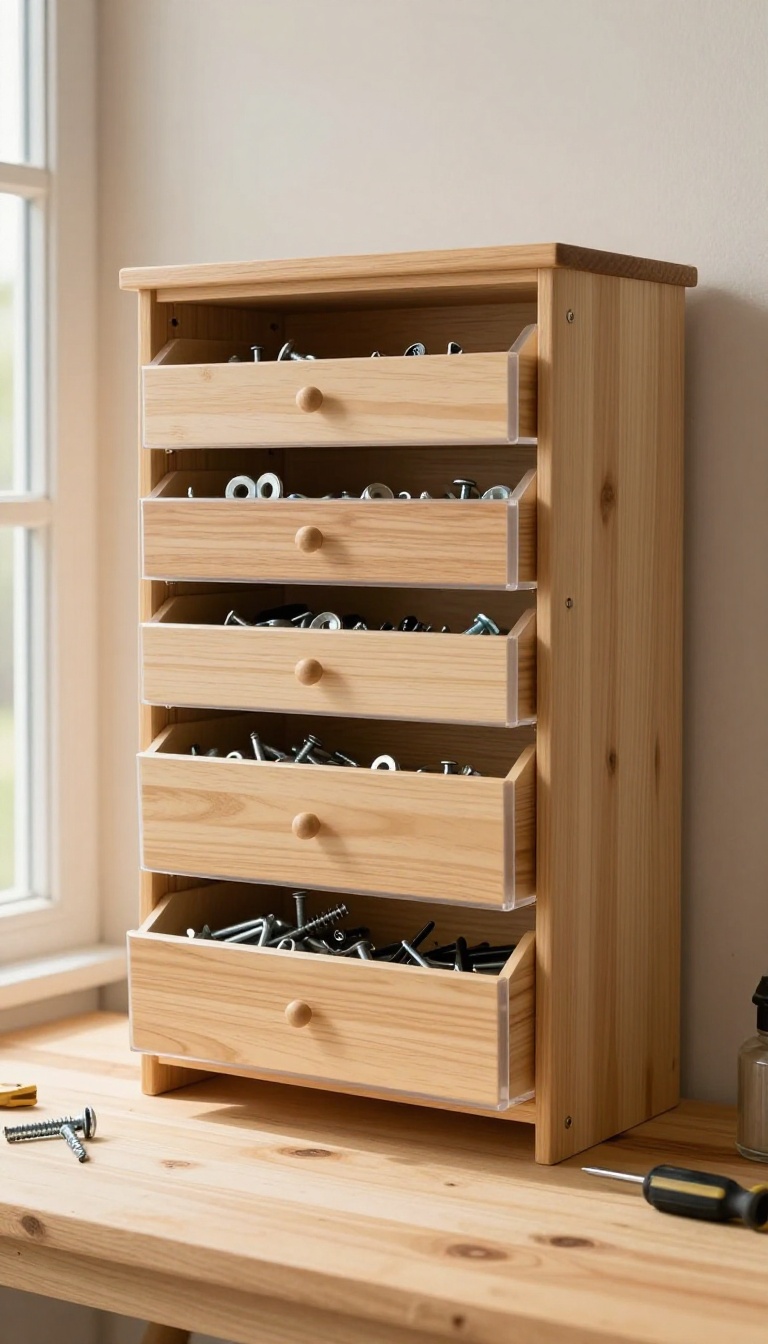 Compact wall-mounted cabinet with clear shallow drawers holding sorted screws, washers, and small hardware in a bright backyard shed