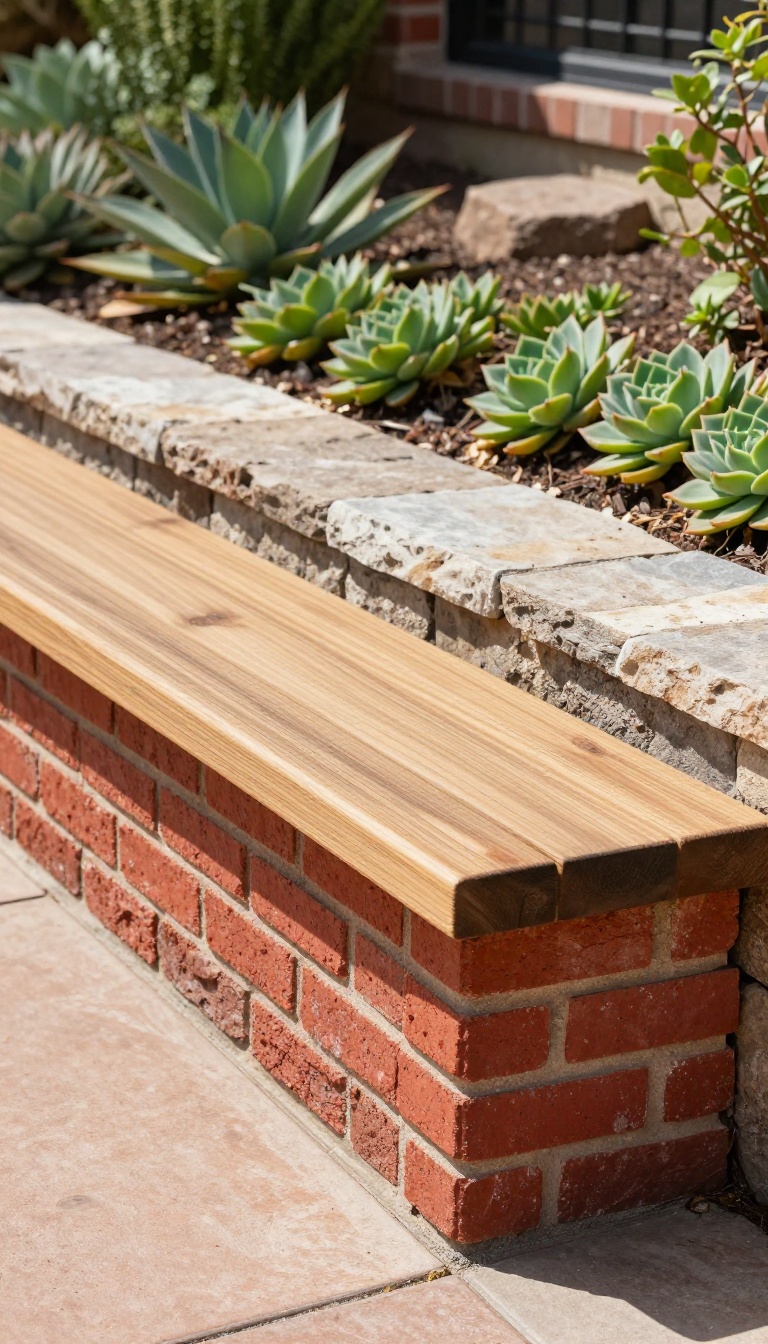 Built-in wood and brick bench on a masonry base in a sunny low-maintenance backyard hardscape