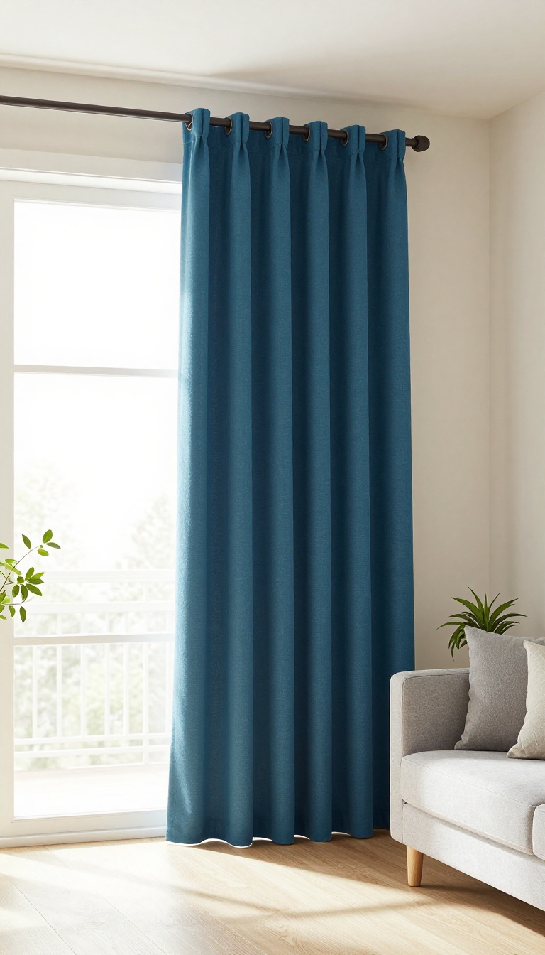 Living room with bold deep teal curtains hung high and wide on a simple rod, bright natural light, neutral walls, and a cozy gray sofa