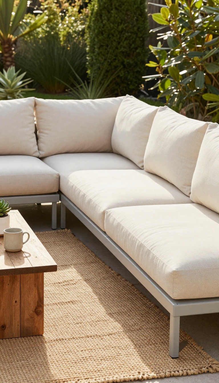 Modular sectional sofa with deep cushions arranged on a bright backyard patio surrounded by greenery