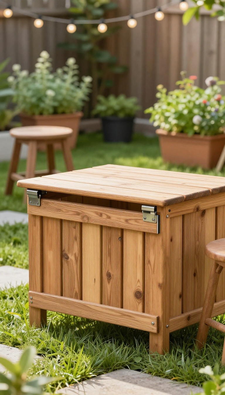 Fold-down wooden bar table mounted on a backyard fence with folding brackets and outdoor stools in a small garden corner