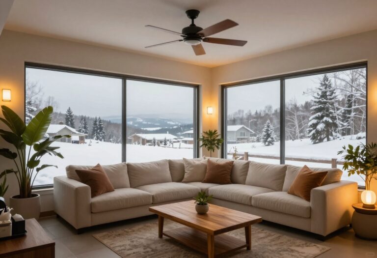 Cozy enclosed patio with seating and plants, overlooking a snowy yard