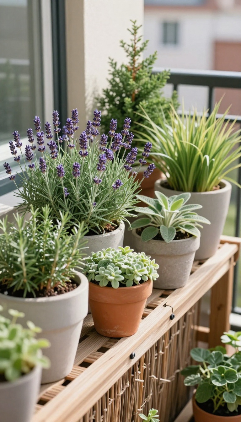 Wind-tolerant balcony garden with anchored pots of lavender, rosemary, and ornamental grasses behind a woven windbreak screen in bright sunlight
