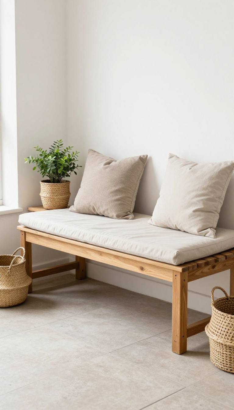 Outdoor storage bench on an apartment patio with cushions and a plant, providing seating and decluttering.