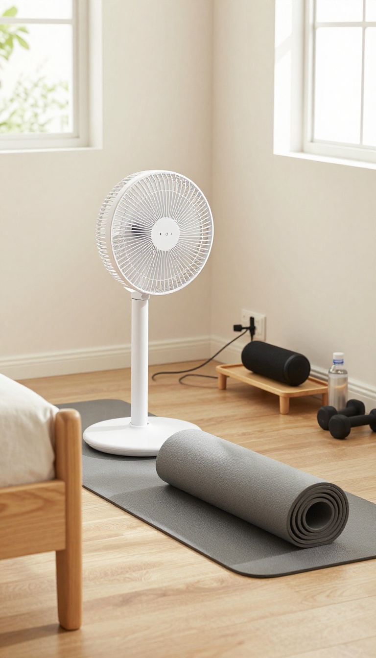 Small bedroom workout corner with a clip-on fan attached to the bed frame and a compact Bluetooth speaker on a nearby shelf