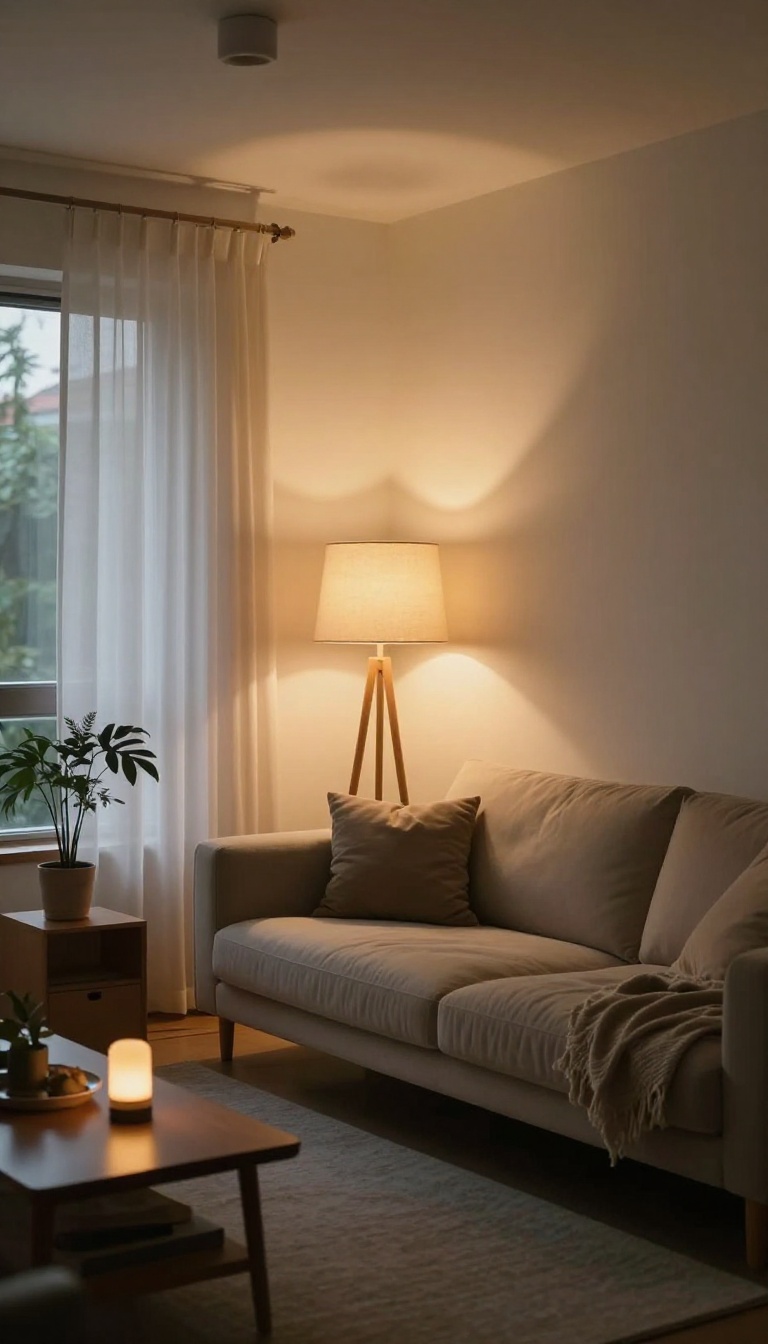 Small living room with layered lighting from a dimmed ceiling light, a floor lamp, and a low table lamp creating warm cozy pools of light