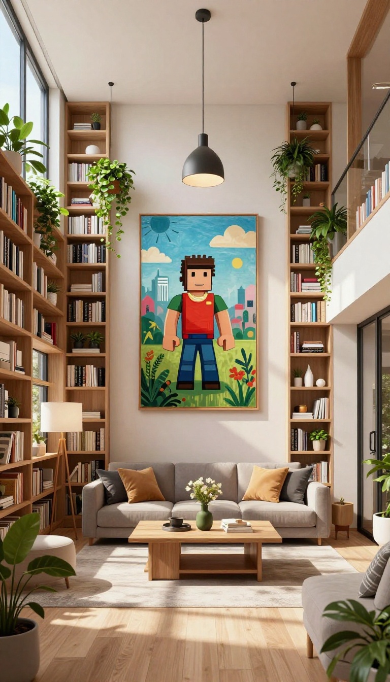 Modern Bloxburg living room with tall bookshelves, high wall art, and hanging plants to utilize vertical space.