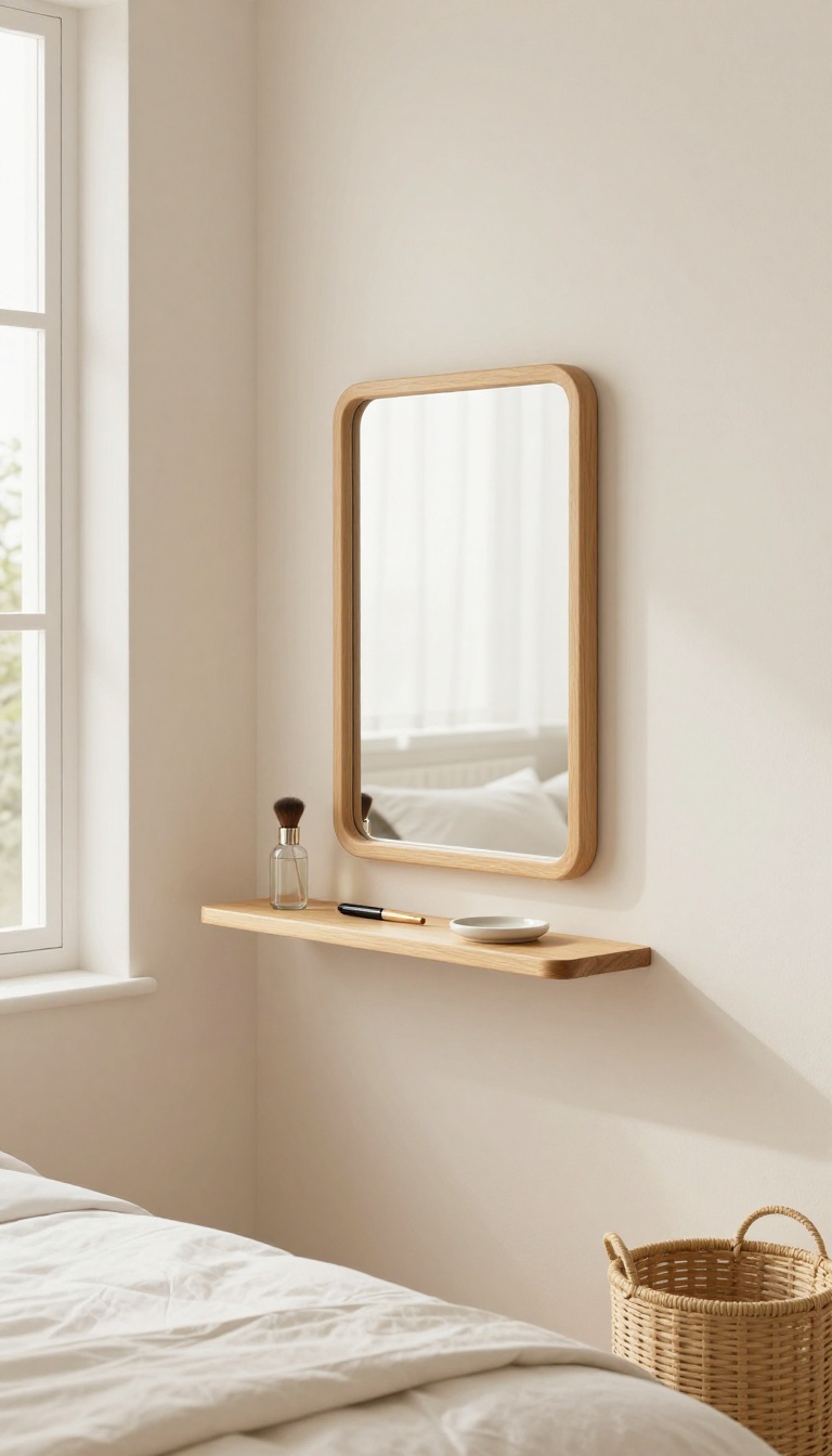 Small bedroom vanity idea with a wall-mounted mirror and slim floating ledge holding a few daily essentials in bright natural light