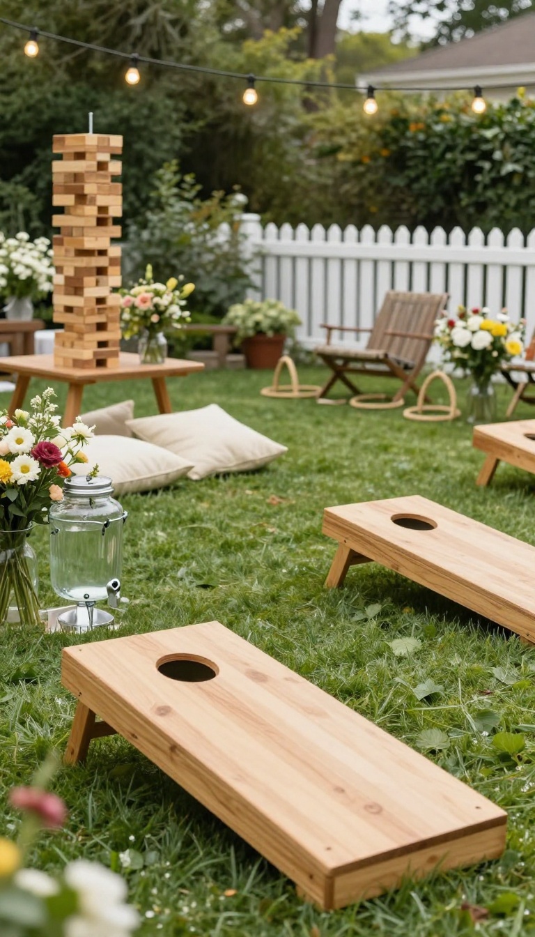 Backyard engagement party yard games setup with cornhole, giant Jenga, and ring toss stations on green grass in bright natural light