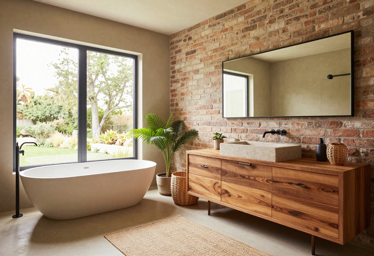 Modern rustic bathroom with wood vanity, stone sink, and freestanding tub