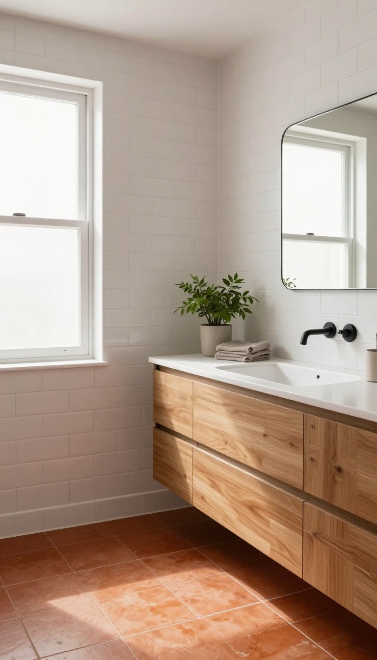 Modern bathroom with warm terracotta floor tiles, light wood vanity, matte black fixtures, and bright natural light