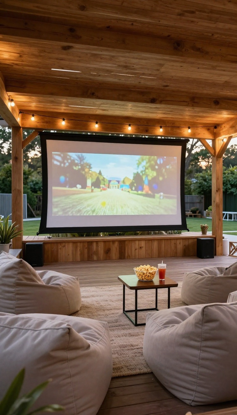 Cozy outdoor movie theater setup under a deck with projector screen, comfy seating, and warm lighting