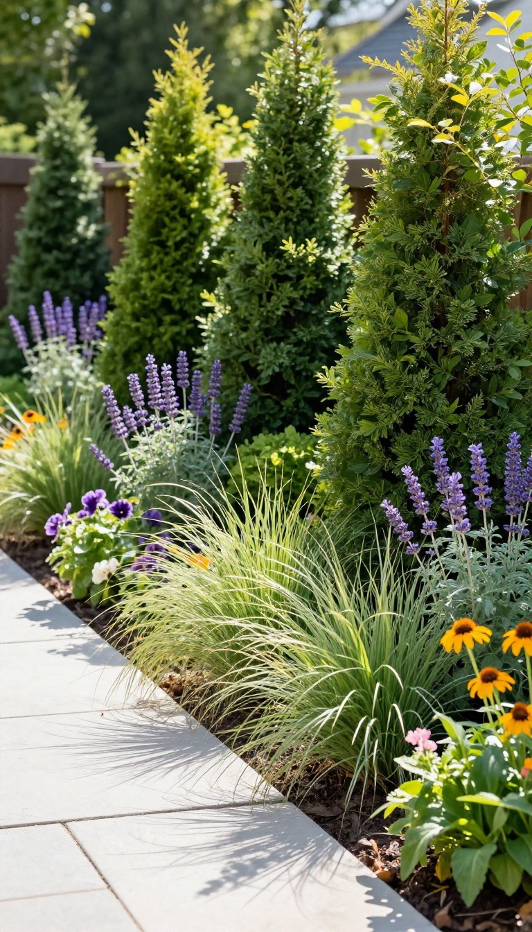 Layered planting bed with evergreens, ornamental grasses, and perennials creating a natural privacy screen for a patio.