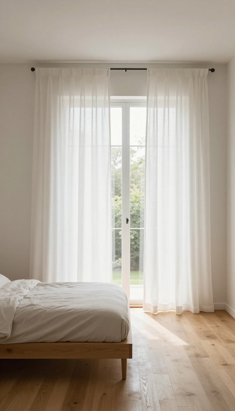 Small bedroom with curtains hung high and wide near the ceiling, letting in bright natural light and making the room feel taller and more open