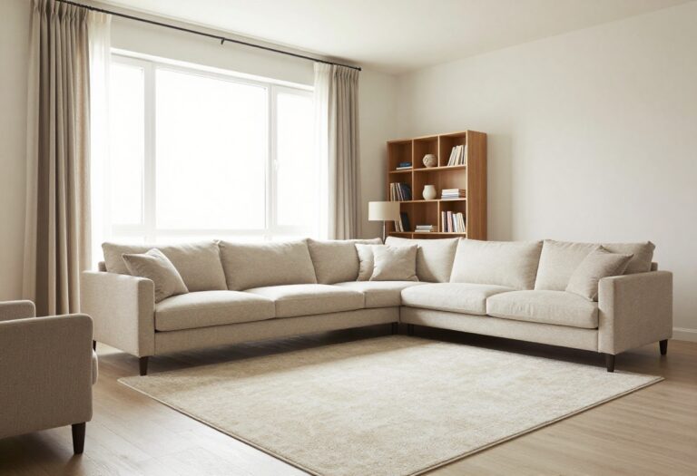 Small living room with floating sofa, ottomans, and tall curtains, styled to feel finished and spacious.