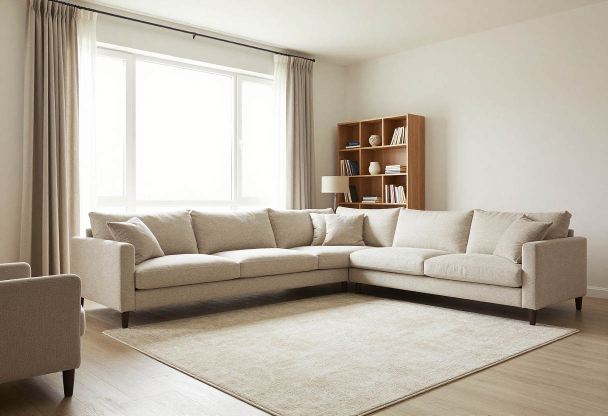 Small living room with floating sofa, ottomans, and tall curtains, styled to feel finished and spacious.