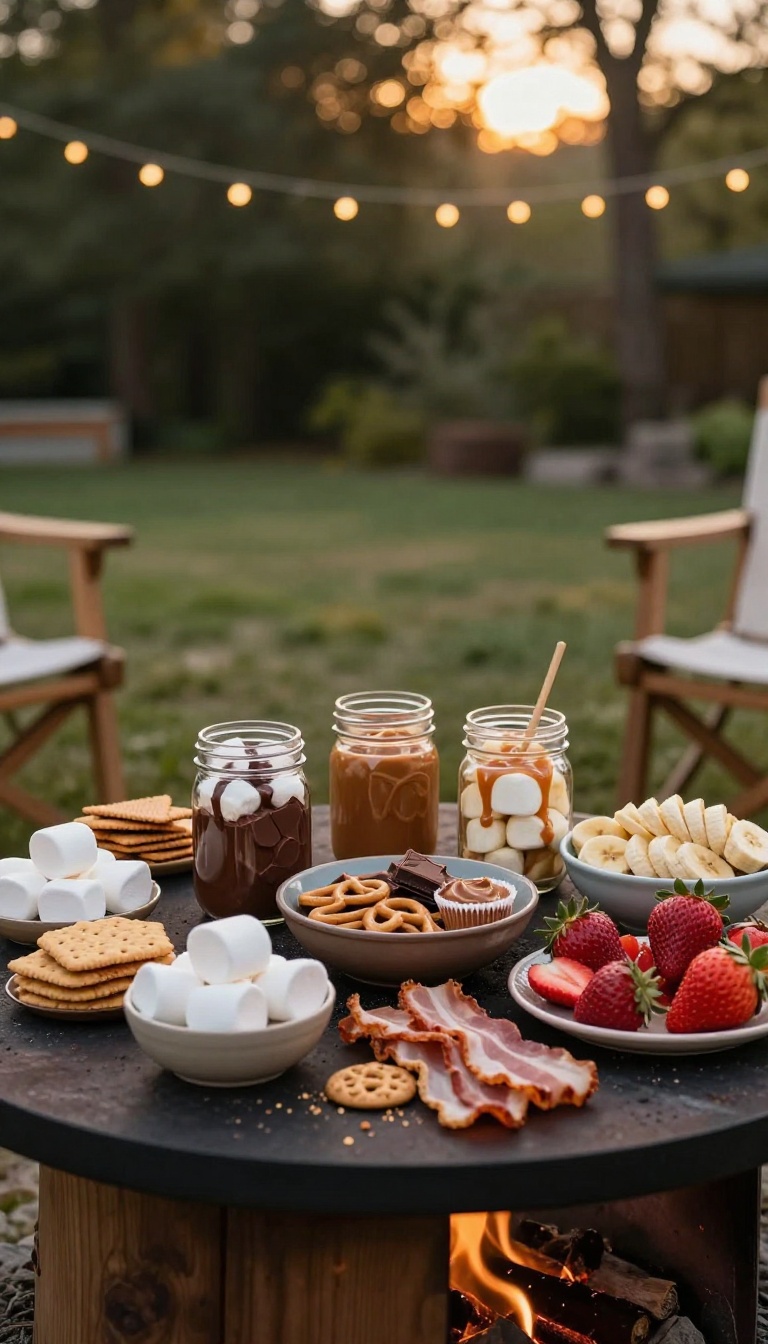 Rustic DIY s'mores bar with toppings arranged on a wooden table beside a backyard bonfire at golden hour