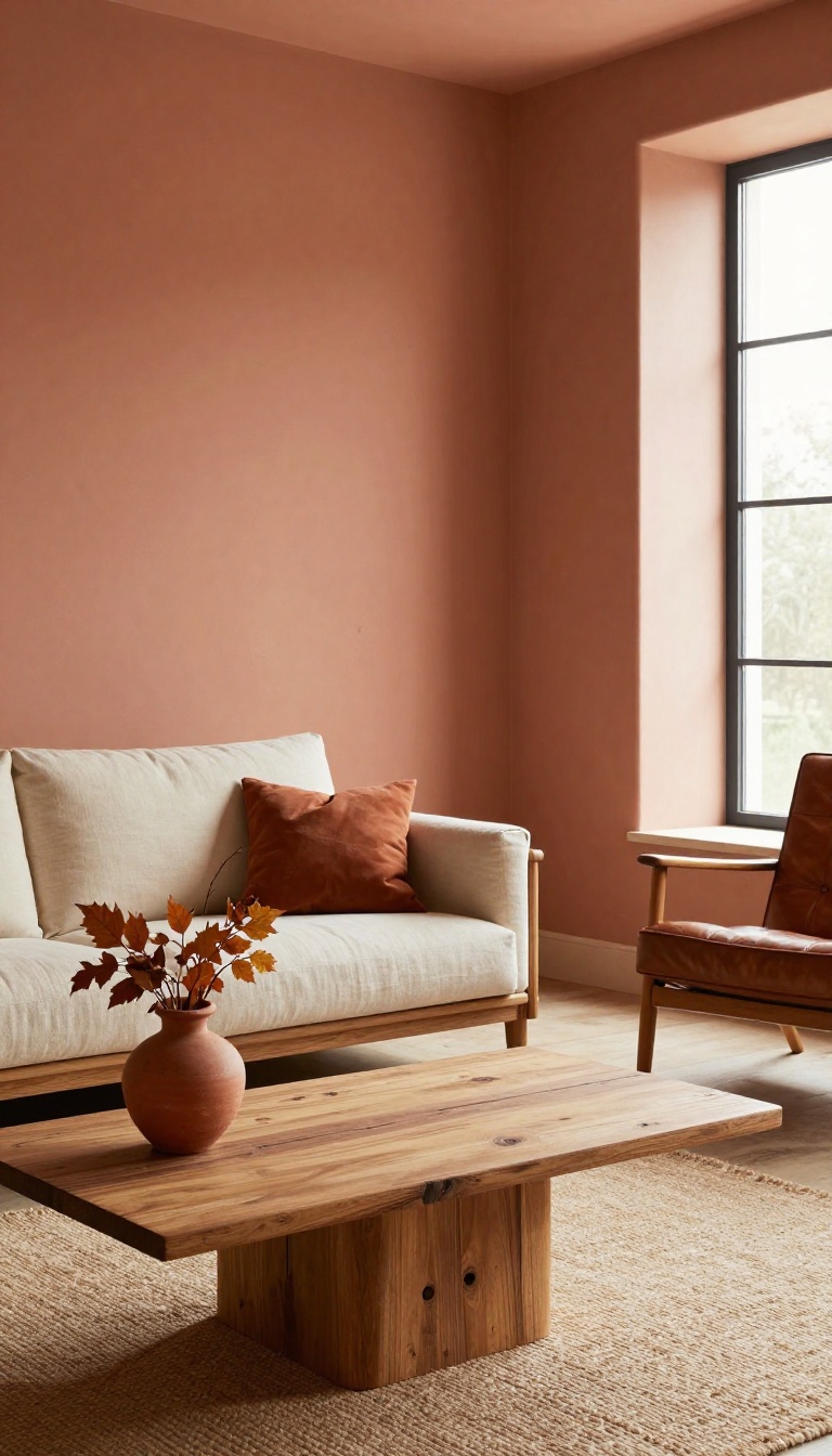 Living room with soft terracotta walls, oak furniture, linen textiles, and warm natural light
