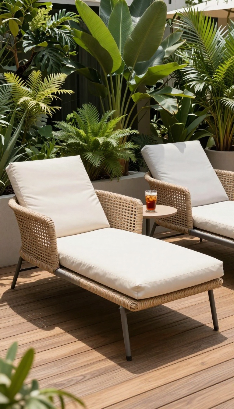 Two weather-resistant wicker patio chairs with plush cushions on a sunny wooden deck surrounded by plants