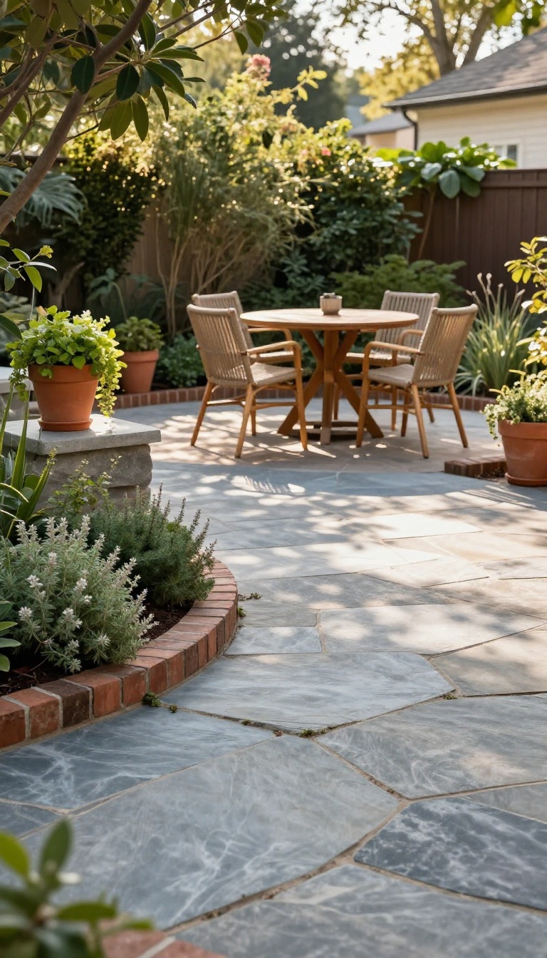 Cozy backyard courtyard with a natural stone patio, bistro table, and creeping thyme between pavers