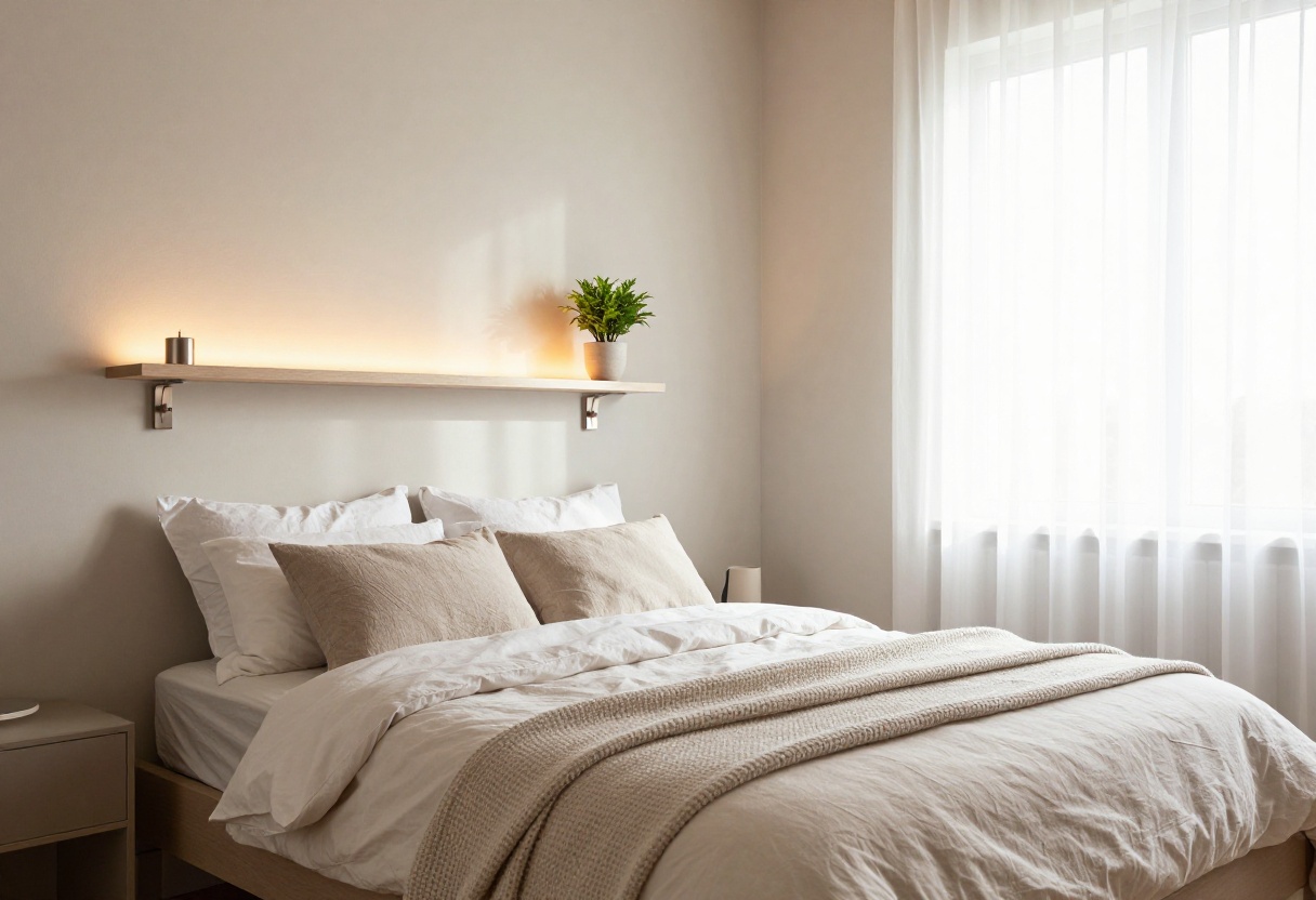 Cozy small bedroom with neutral bedding, mirror, and warm lighting