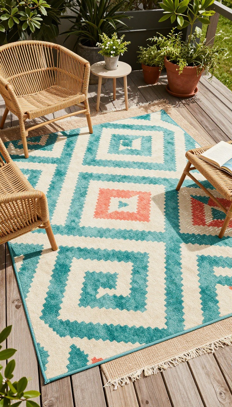 Layered outdoor rugs in bold geometric colors defining a cozy patio lounge area on a wooden deck