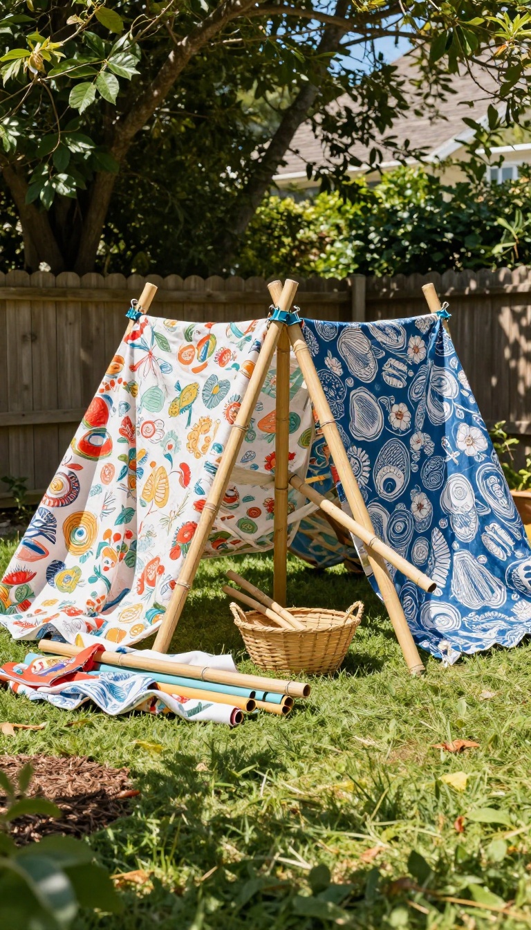 Backyard fort building area with bamboo poles, fabric, and clips ready for kids to build