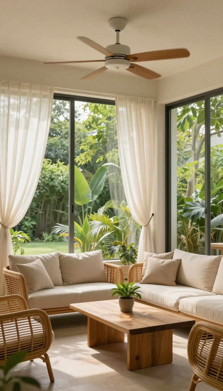 Enclosed patio with ceiling fan and cozy seating, bright natural light