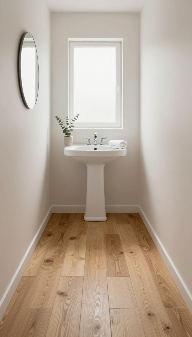 Small bright bathroom with warm wood-look porcelain plank floor tiles laid lengthwise to make the space feel longer