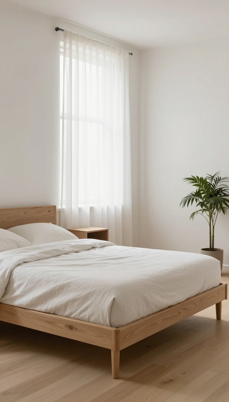 Small bright bedroom with a low-profile wooden bed frame close to the floor, white bedding, sheer curtains, and a floating nightstand, styled to feel open and refined