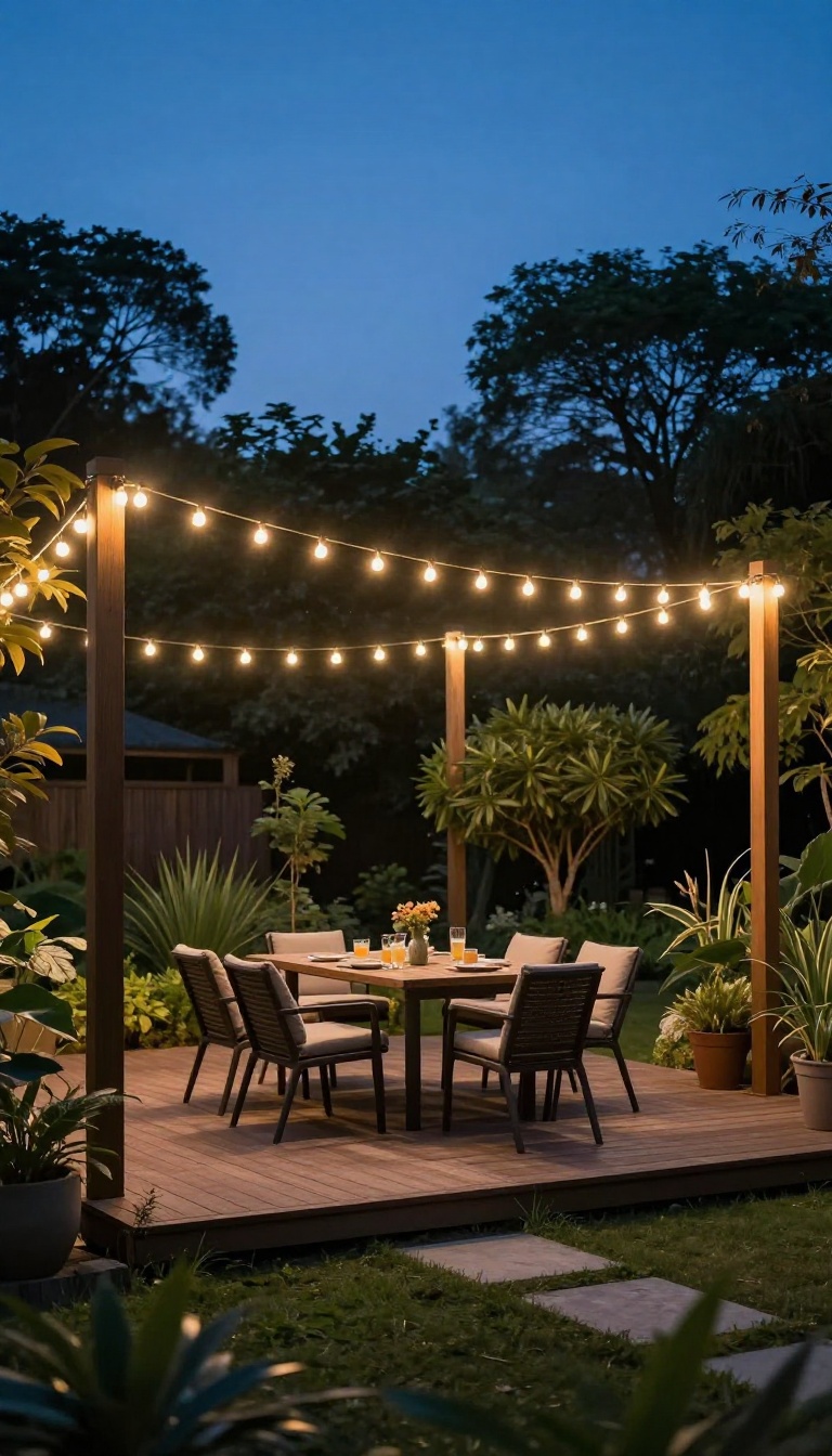 Backyard patio at dusk with warm white string lights zigzagging overhead between wooden posts above a cozy outdoor seating area