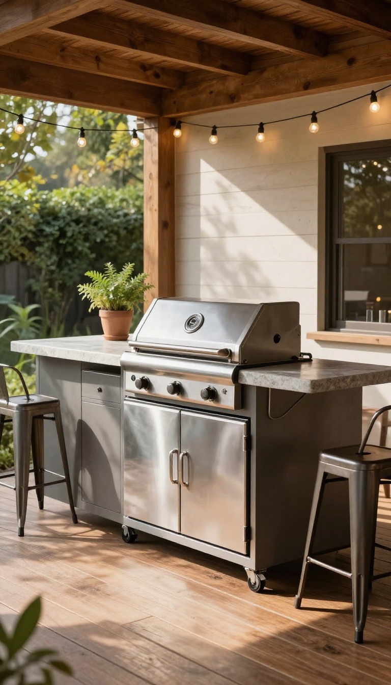 Outdoor kitchen and bar area under a deck with grill, countertop, and bar stools