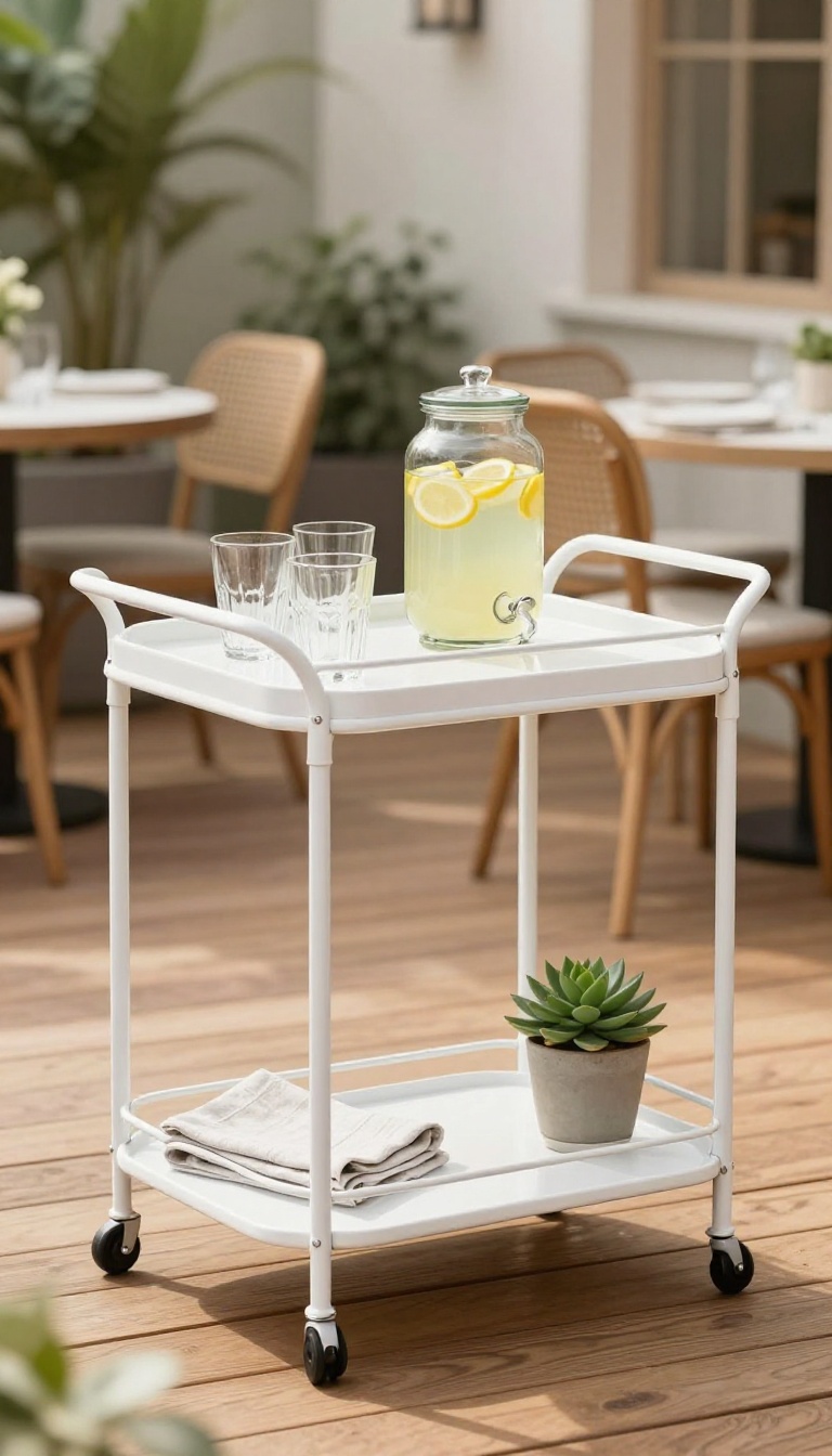 Outdoor bar cart styled with drinks and decor on a sunny patio