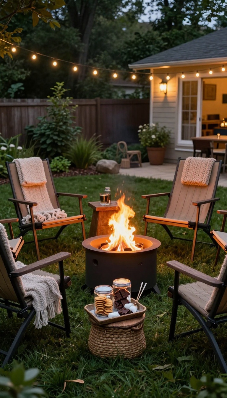 Cozy backyard fire pit lounge with camp chairs, a bench, soft throws, and a s'mores station glowing at dusk