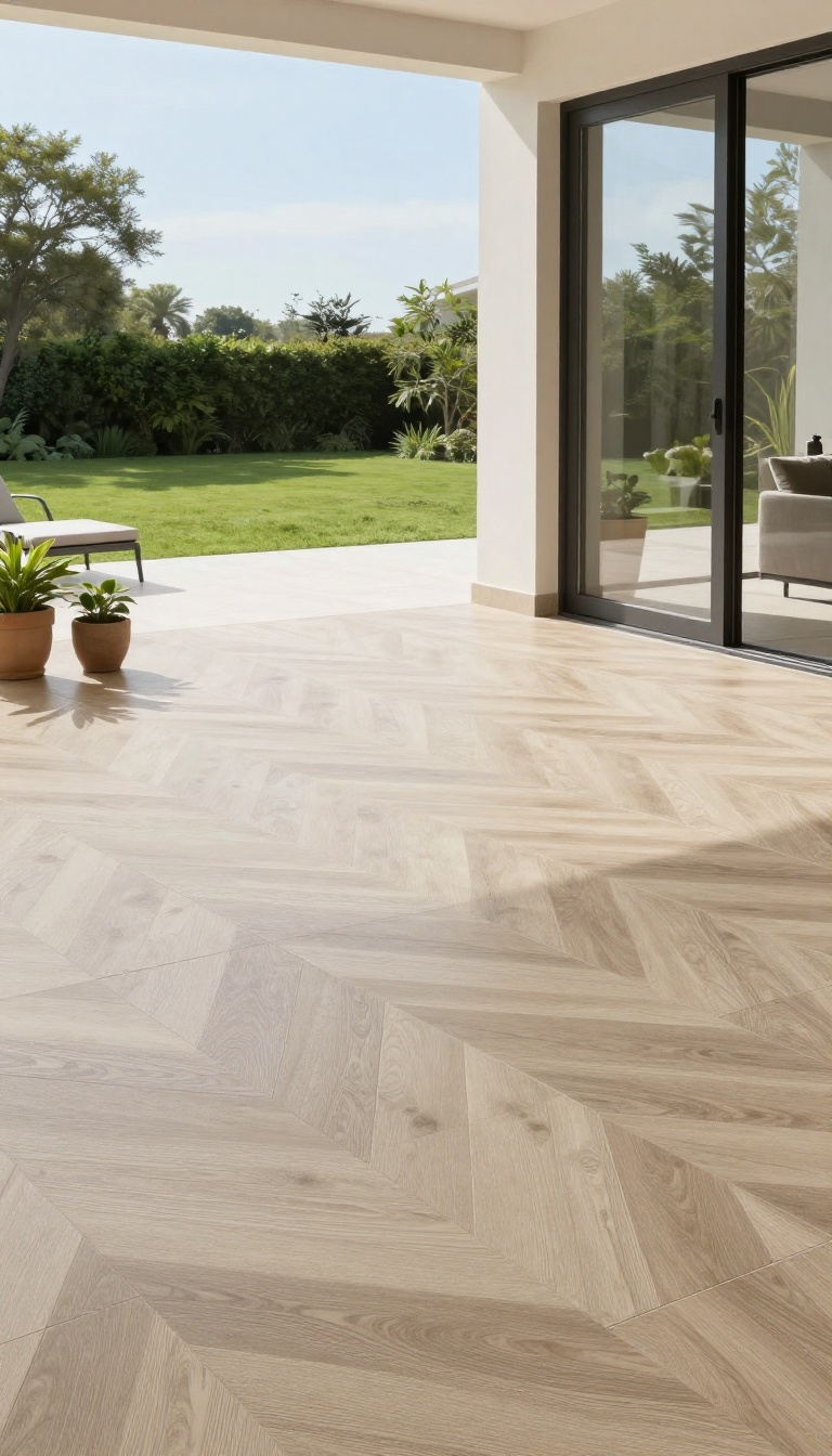 Outdoor patio with wood-look porcelain tiles in herringbone pattern, transitioning from indoor space to backyard.
