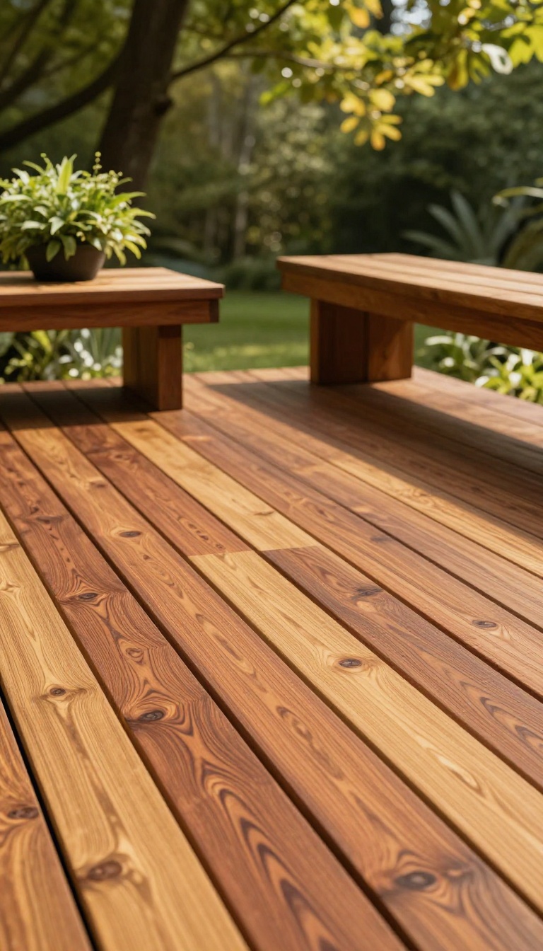 Warm cedar wood decking on a patio with natural grain and soft sunlight, surrounded by greenery, highlighting the organic charm of wood.