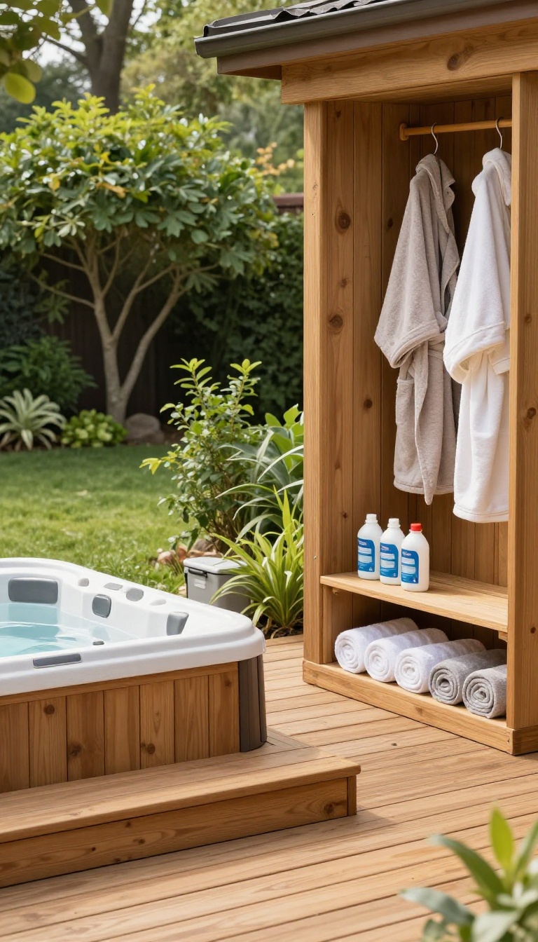 Deck-mounted hot tub with built-in underneath storage holding towels and supplies in a small backyard