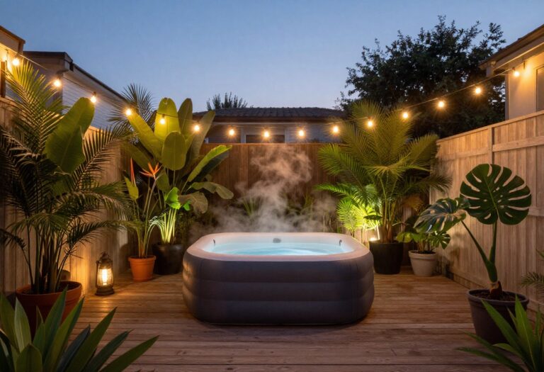 A blow up hot tub on a small backyard patio with string lights and plants at dusk.