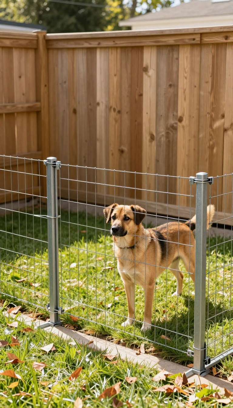 Backyard dog run built along a wooden fence line with wire end panels and a gate