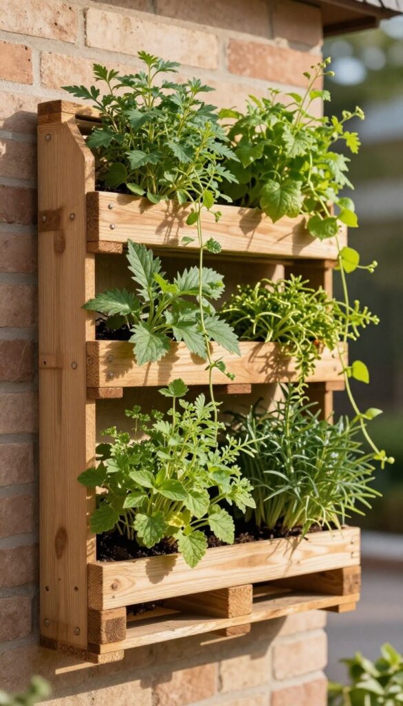 Vertical pallet garden on a patio wall filled with herbs and trailing plants