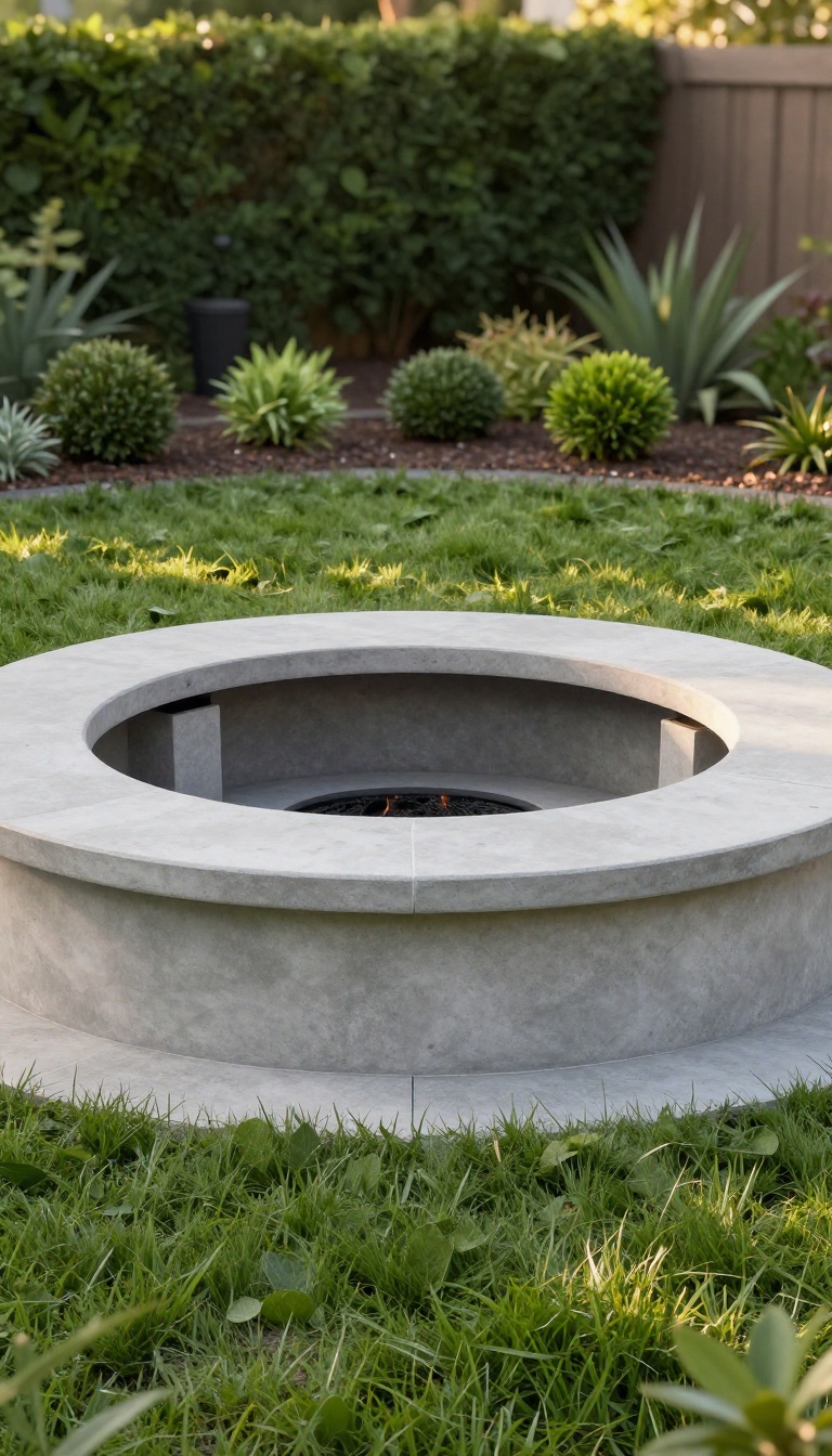 Low circular concrete fire pit with a wide flat rim used as built-in bench seating in a small landscaped backyard