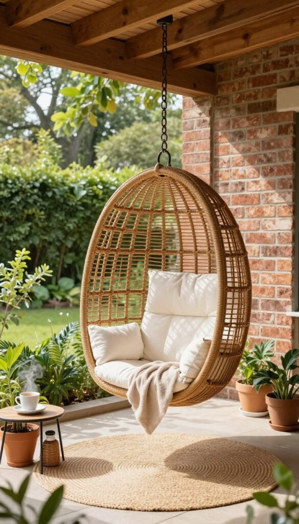 A cozy small patio with a hanging wicker egg chair, potted plants, and a side table, showcasing vertical space utilization.