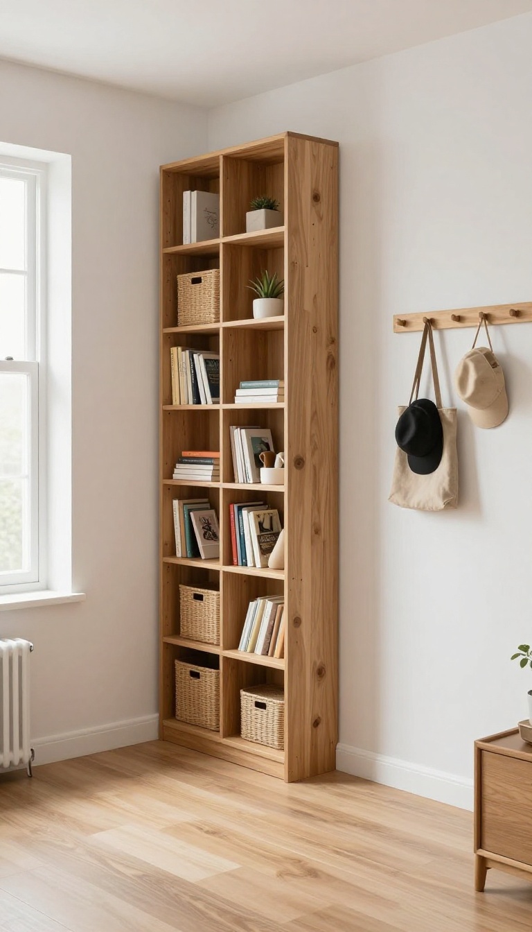Small bedroom with a tall narrow open bookshelf, floating wall shelves, and wall hooks keeping the floor clear in bright natural light